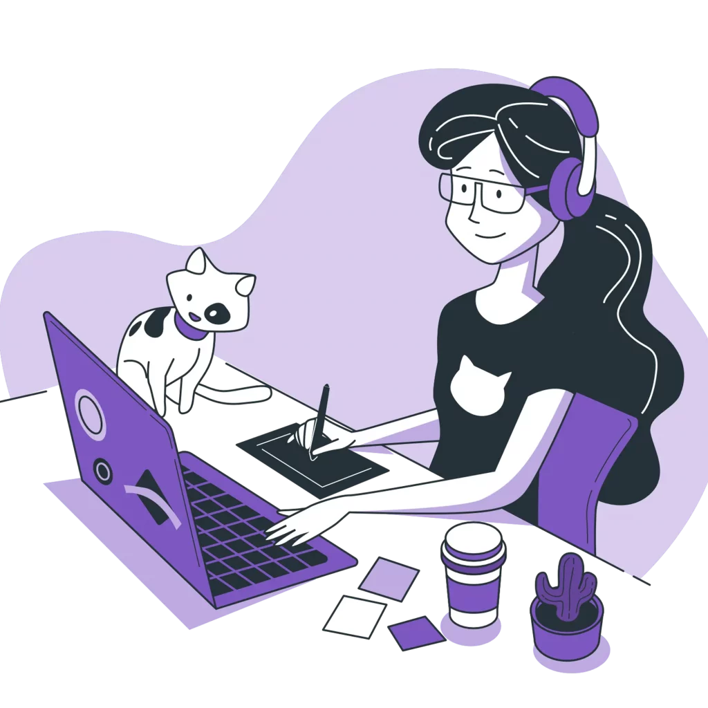 Illustration d'une jeune femme devant son ordinateur et accompagnée de son chat
